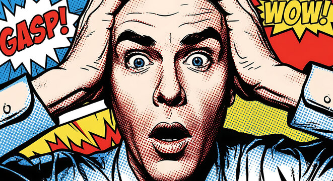 A pop art illustration of a man with a shocked expression, hands on his head, surrounded by comic book sound effects like "GASP!" and "WOW!".
