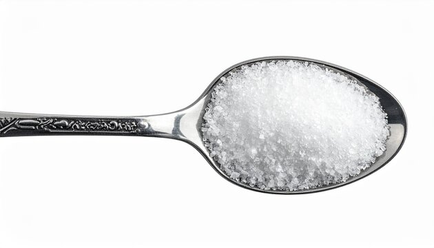 Spoonful of white crystalline sugar on decorative metal spoon