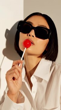 Fashionable woman in sunglasses enjoying a red lollipop indoors