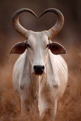Fototapeta premium Close-up of a white cow with heart-shaped horns (1)