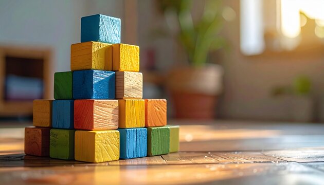 Vibrant wooden blocks stacked in pyramid shape on floor