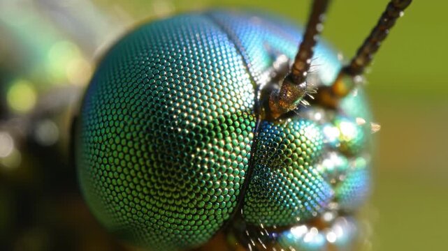 Macro insect eye iridescent green blue metallic texture detail wildlife pattern closeup abstract nature photography bright extreme macro insect compound eye dragonfly head iridescent color detailed