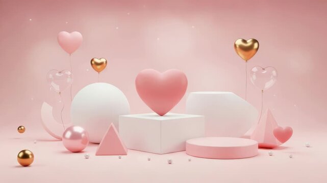 Pink and gold heart shaped balloons and objects on pink background with white shapes
