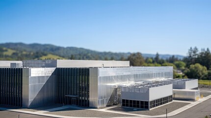 Fototapeta premium Modern Silver Data Center Building Exterior With Tilt Shift Effect