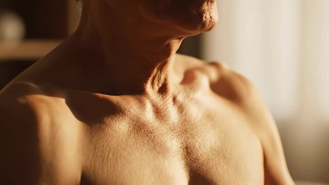 Senior\'s bare chest and neck showing skin texture and prominent collarbones in natural light