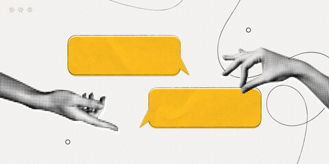 Fototapeta premium Trendy Halftone Collage Hands holding two yellow speech bubble messages. Social media communication. Empty space for quote, plan and idea. Dots element. Contemporary vector illustration art