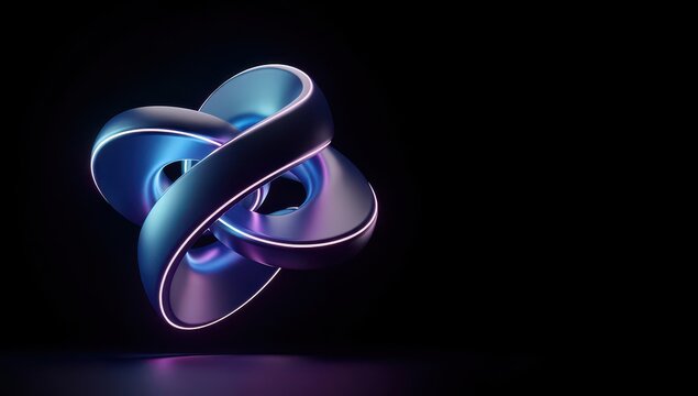 Futuristic metallic purple endless knot shape isolated on black for abstract art.

