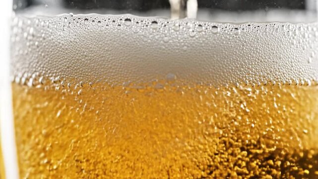 Closeup golden beer lager foam bubble cold beverage drink refreshment macro view of frothy head rising carbonation gold drink soda carbonated liquid macro detail with effervescent bubble cool summer