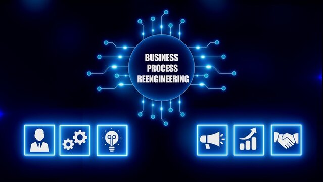 Business process reengineering concept with glowing blue and on dark background neon