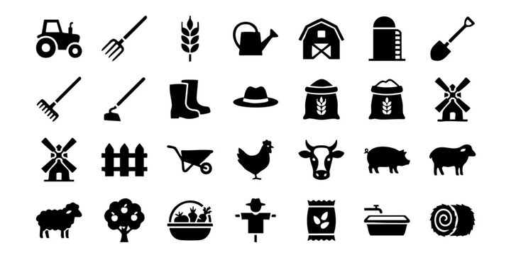 Collection of simple black farm icons on white background illustrating agricultural elements and activities