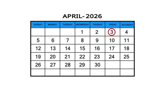 The calendar of April month 3th day is red circled, looped animation. A very important date in the calendar. Signing a day on a calendar. white background. 4k