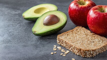 A healthy breakfast spread with avocado apple and bread