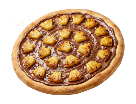 Chocolate spread pizza with pineapple tidbits caramelized at edges, hovering above for a warm tropical feel