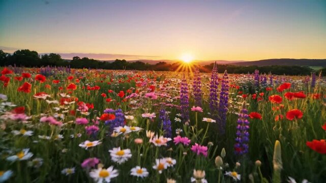 Golden Hour in Wildflower Meadow: The vibrant colors of a wildflower meadow come alive at sunset, with a burst of light illuminating a field of blooms.