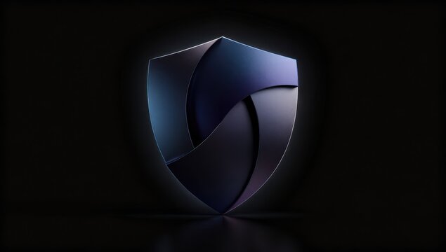 Futuristic dark blue metallic shield emblem isolated on black for security concepts.

