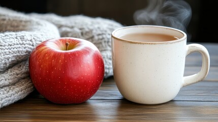 A red apple beside a steaming cup of herbal tea