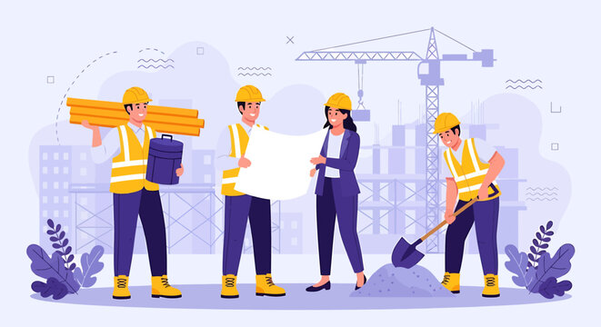 Construction workers and engineers collaborating on a building project.