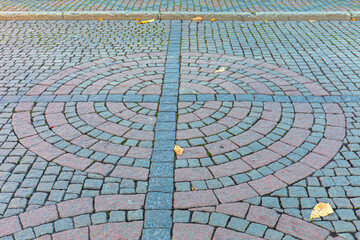 Town Square With Cobblestone Round Mosaic in Drammen Norway Autumn Day