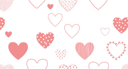 Pink and red heart shapes with polka dots, stripes, outlines, and solid designs scattered playfully on white romantic background