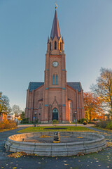 Evangelican Church Domkirke Gothic Church in Fredrikstad Norway Autumn Morning