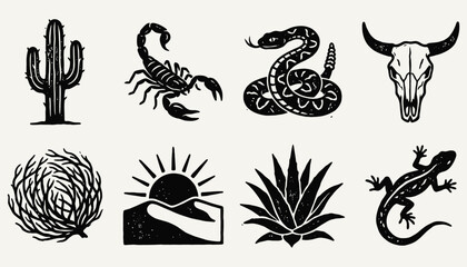 Vintage Desert Icons Set Linocut Black and White Southwest Symbols