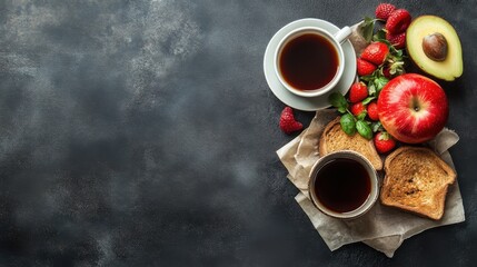 Healthy breakfast with coffee toast and fresh strawberries on a dark table