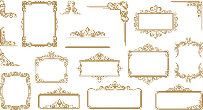 Ornate gold frames and corner embellishments, vintage scrollwork and floral motifs, elegant decorative vector border designs