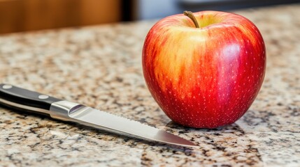 Red Apple and Knife on Granite Surface Close Up