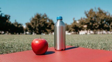 Red Apple and Water Bottle on Yoga Mat in Sunlight