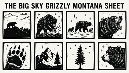 The Big Sky Grizzly Montana Sheet: Vintage Woodcut Bear Icons © 777SKYLABS
