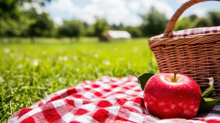 Red Apple on Picnic Blanket Enjoying Summer Outdoors