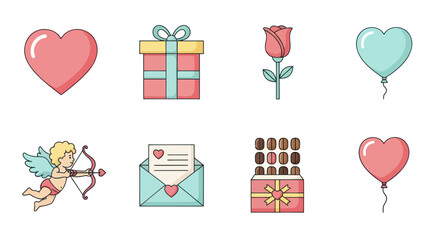 Valentine's Day Icons: Hearts, Rose, Gift Box, Cupid, Letter, Chocolate, Balloon