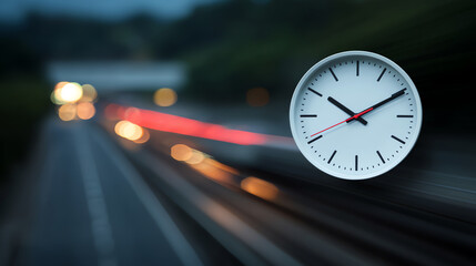 A white wall clock shows the time against a blurred highway background with car light trails during twilight, highlighting motion and the passage of time