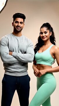 Fit couple posing confidently in stylish athletic wear