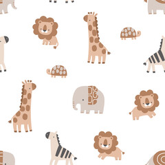 Fototapeta premium Cute Safari Animals Seamless Pattern for Nursery and Kids Textile – Minimal Scandinavian Style Vector Illustration