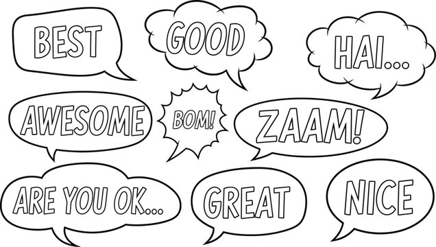 Collection of cartoon speech bubbles with positive adjectives