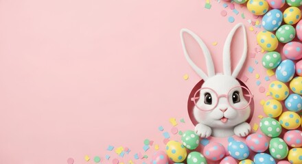 Fototapeta premium Easter Bunny's Pastel Wonderland: A charming Easter bunny wearing glasses peeks out from a hole surrounded by colorful Easter eggs, creating a whimsical and festive scene. 