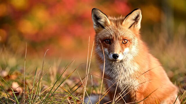 A red fox with sharp ears and piercing eyes lies in a field of grass with a shallow depth of field, surrounded by warm, autumnal colors.
