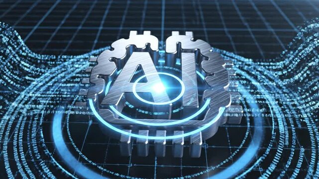 Futuristic ai logo artificial intelligence icon machine learning symbol digital technology background cyber network grid metallic 3d design tech innovation concept data visualization wave glowing