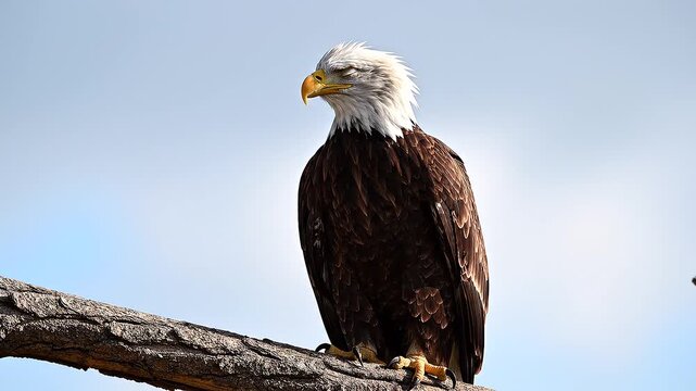 Close-up of a mature American bald eagle perched on a tree branch against a cloudy sky with a shallow depth of field.