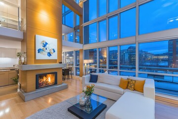 Obraz premium Modern Living Room Interior: This modern living room offers a bright, airy space with stunning floor-to-ceiling windows that provide breathtaking city views.