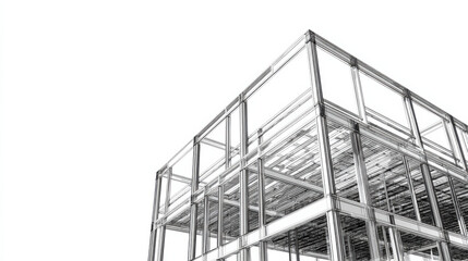 Modern construction design shows transparent facade with steel frame structure highlighting building architectural details