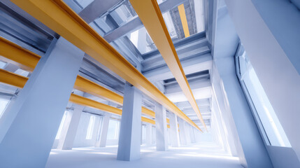 Obraz premium Modern construction interior with bright facade and yellow beams creating spacious and dynamic architectural design