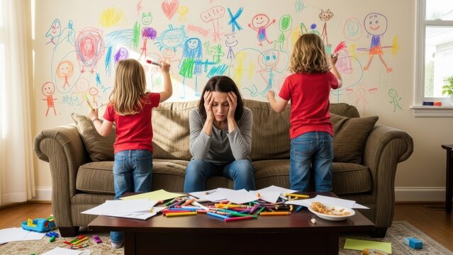 Chaos and Overwhelm: A frazzled parent sits amidst the aftermath of creative chaos, surrounded by artwork and the boundless energy of two young children.