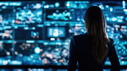 Data Security Guardian: Silhouette of a woman standing, gazing intently at a wall of screens displaying complex data visualizations, the scene conveying vigilance, protection.