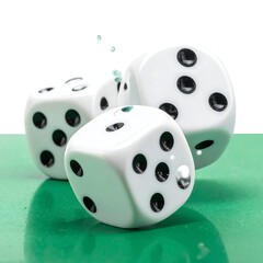 Four white dice, each showing different number combinations. They rest on a shiny green surface. Some dots are facing the camera