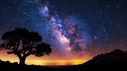 Fototapeta premium Milky Way Night Sky Tree Silhouette Mountain Landscape Purple Blue