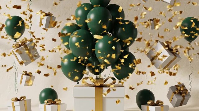 Green Balloons and Gifts with Falling Gold Confetti Celebration