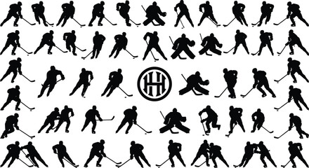 Obraz premium Collection of ice hockey player silhouettes in action poses including skating, shooting, defending and goalie moves, isolated black vector sport icons on white background