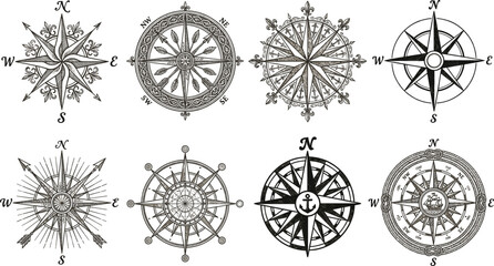 Vintage compass rose collection with ornate nautical navigation designs, hand drawn maritime wind roses, antique cartography symbols for travel, exploration, and directional guidance © Hey There